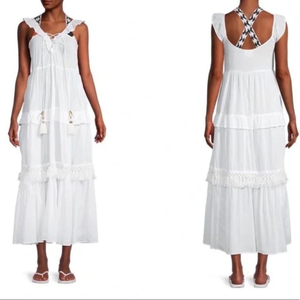 True Destinations White Gold Threaded Bohemian Tiered Maxi Dress Sz S